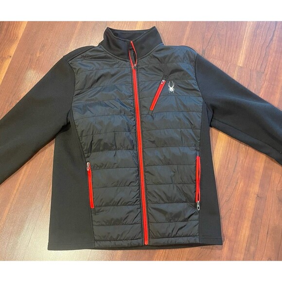 Spyder Mens Zip Up Jacket Red Black Puffer & Poly Sleeves Hi-brid Size Large EUC - Picture 1 of 7